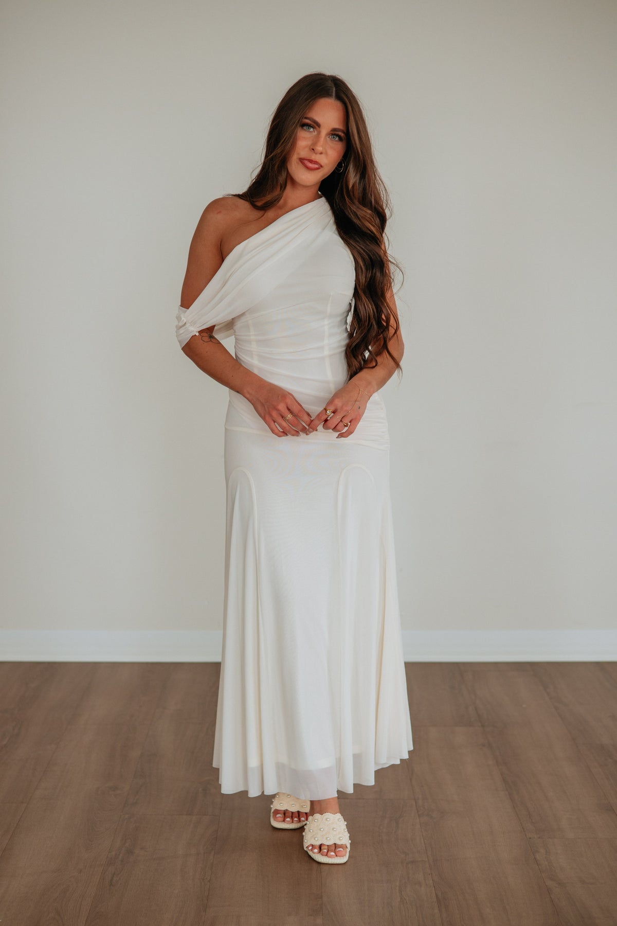 alexandria grey floaty maxi dress Alexandra gold hardware dress